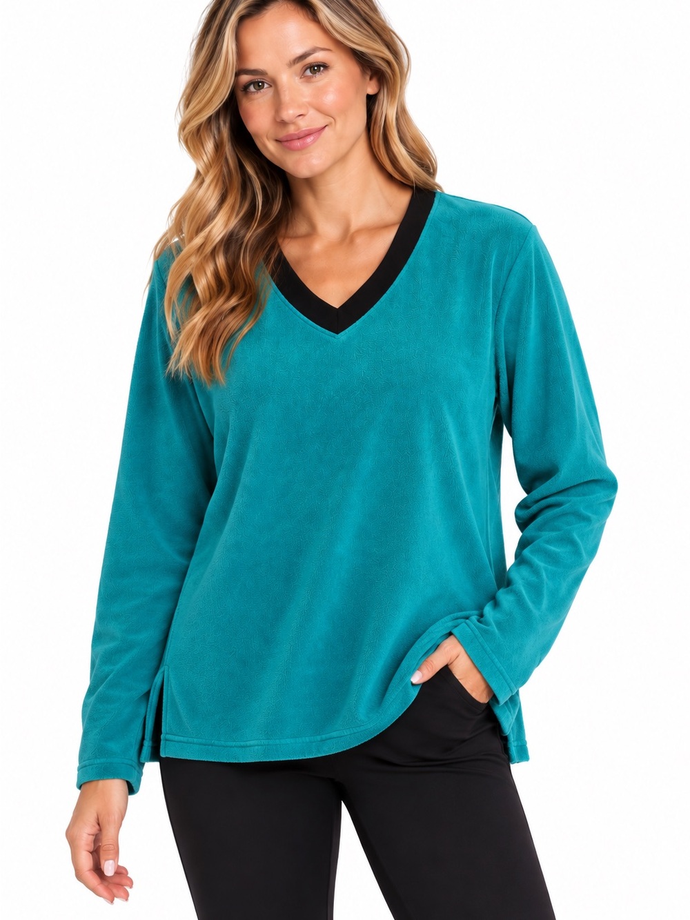 Junonia Women’s 1X Teal Polar Fleece Pullover Top V-Neck Plus Sized